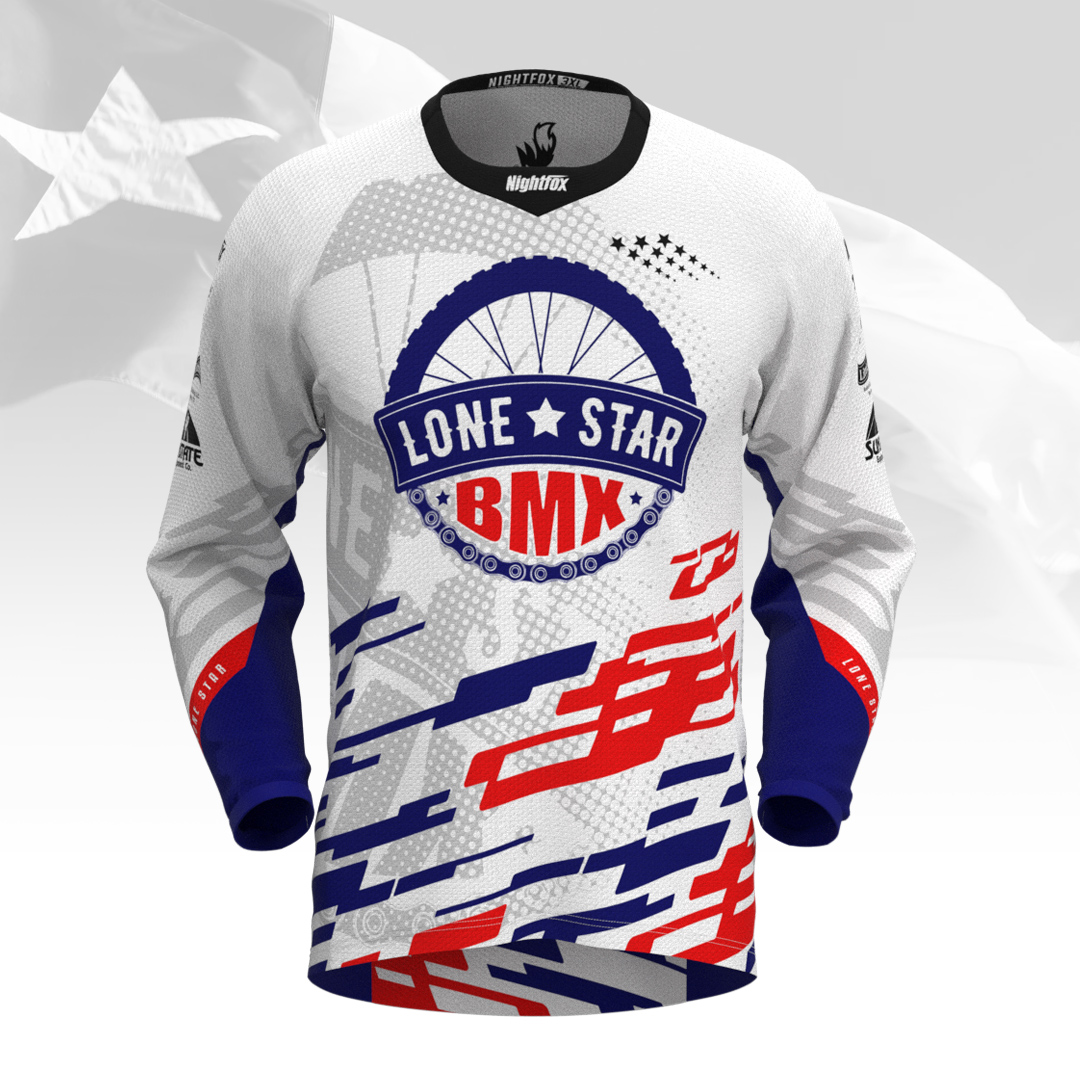 Custom-designed BMX jersey for Lone Star BMX team in Texas by Nightfox, showcasing stunning design and teamwear.