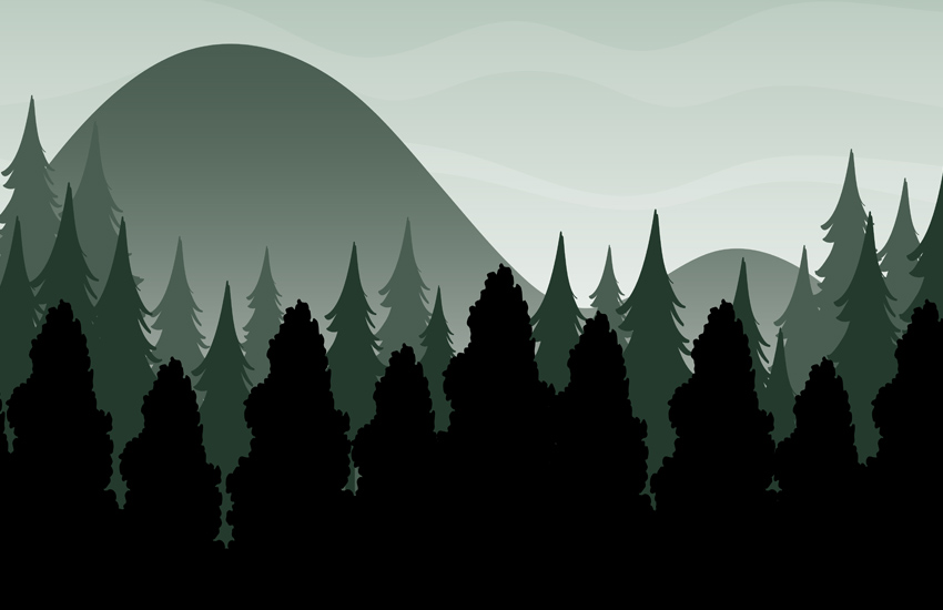 Vector graphics of mountains and trees silhouettes, a popular design trend for personalized MTB tops.