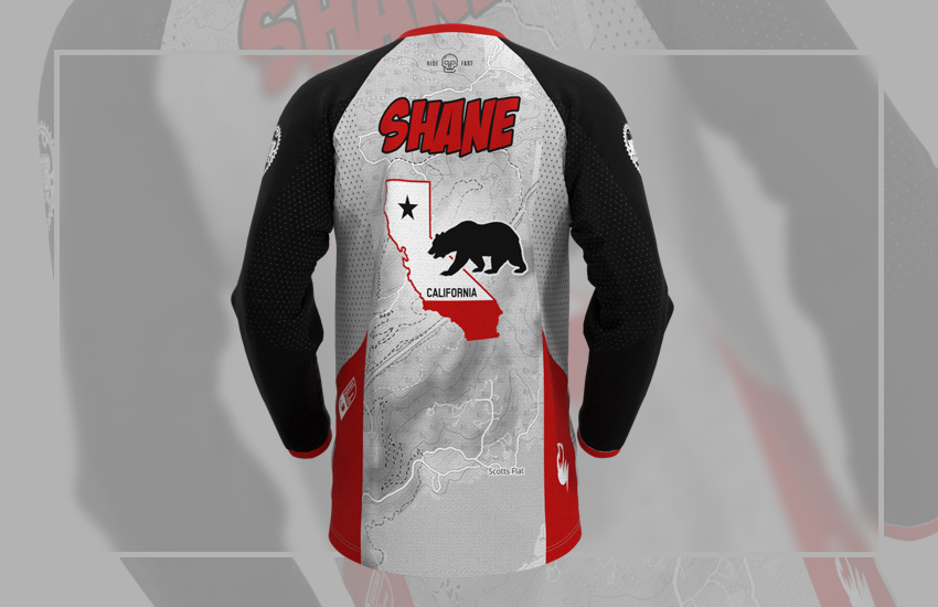 Recent custom MTB jersey design for NorCal team, created by Nightfox with logo and map of North California trails.