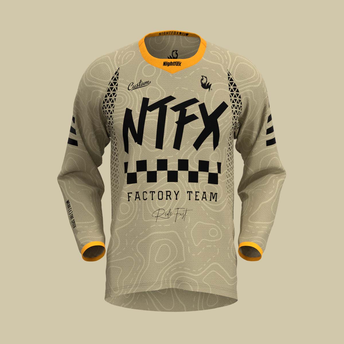 Customize your own slim fit Raceforce MTB Jersey featuring breathable mesh panels, fully customizable design, offered by Nightfox with no minimum order required.