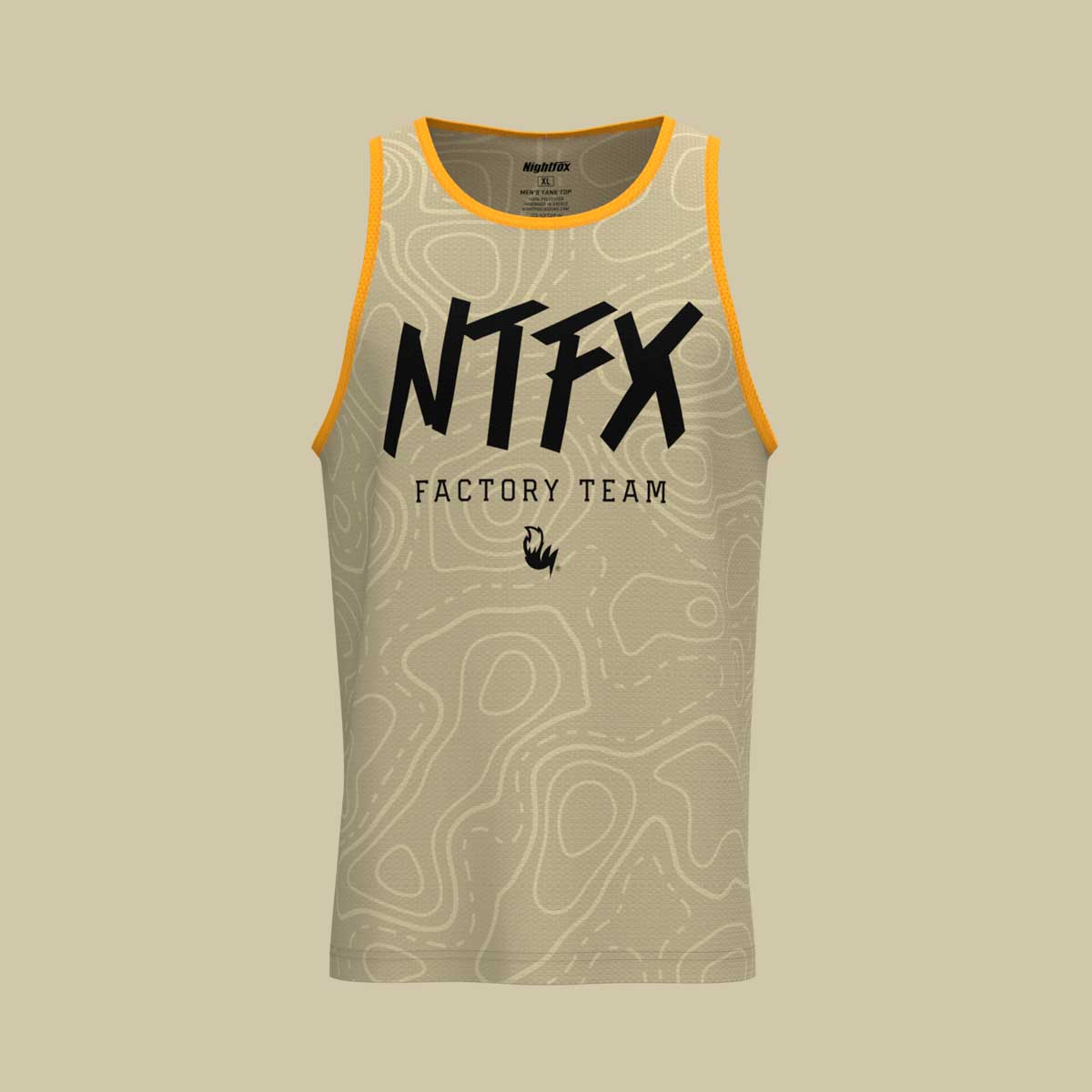 Design example of a Nightfox custom-designed tank top with team logos and colors.