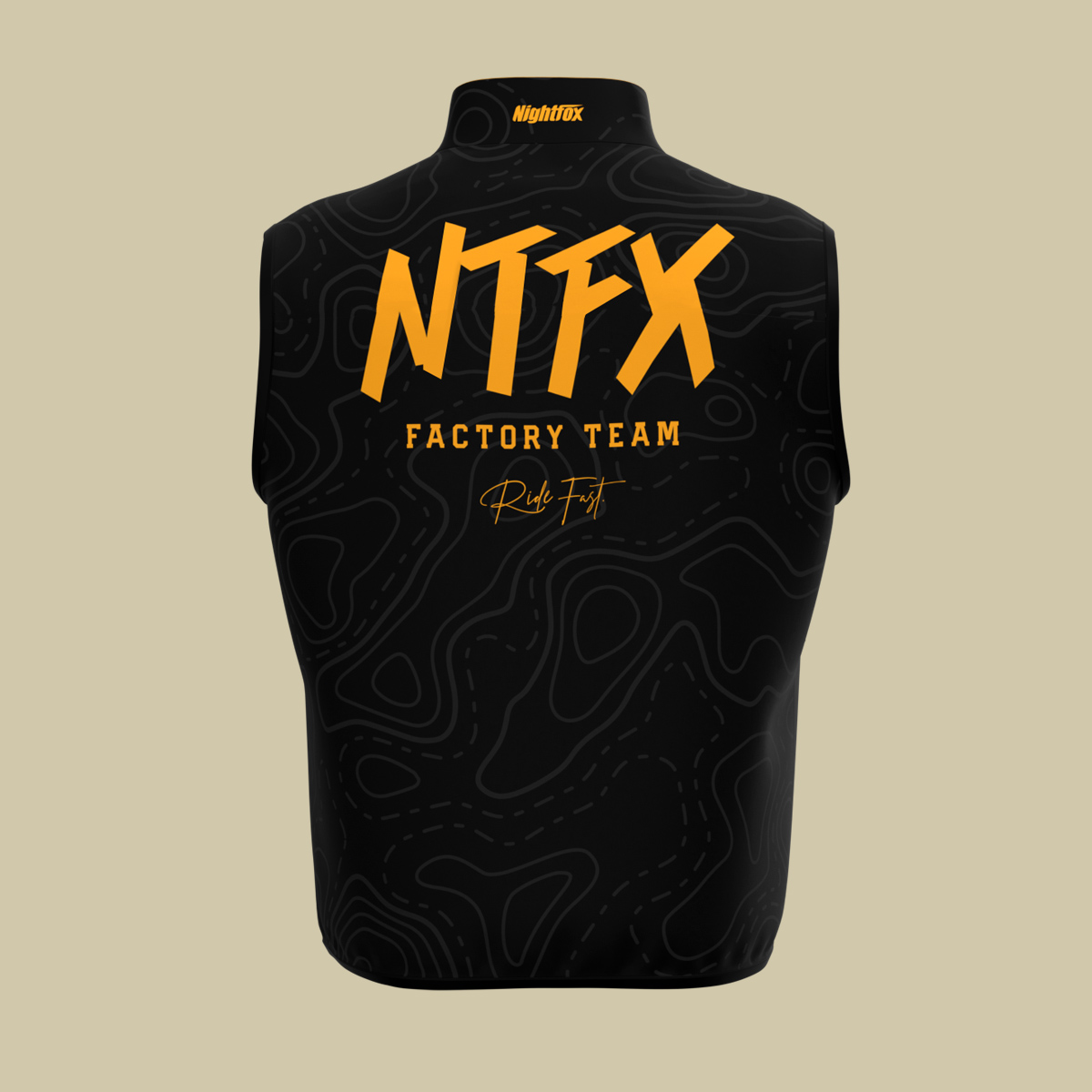 Design example of a Nightfox custom windbreaker gilet with team logos and colors.