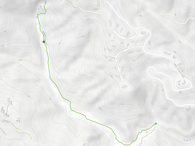 A detailed map of the Escondido Falls MTB trails, showing various routes, elevation changes, and trail connections through Malibu's scenic landscape.