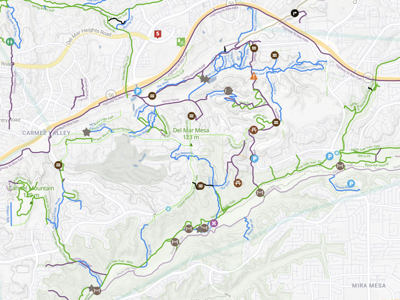 A map of the Los Peñasquitos Canyon MTB trails, showing various routes, trail connections, and points of interest throughout the canyon.