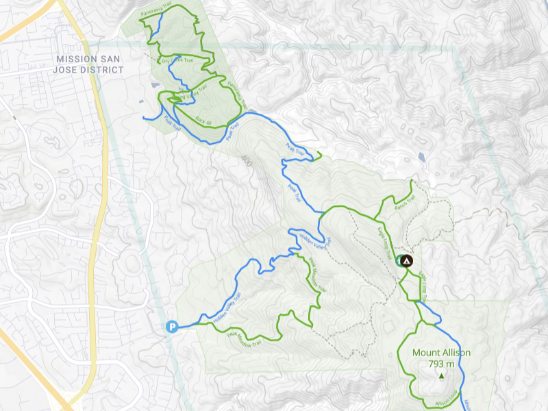 A map of the Mission Peak Loop MTB trails in Fremont, showing various routes, elevation changes, and key trail features.