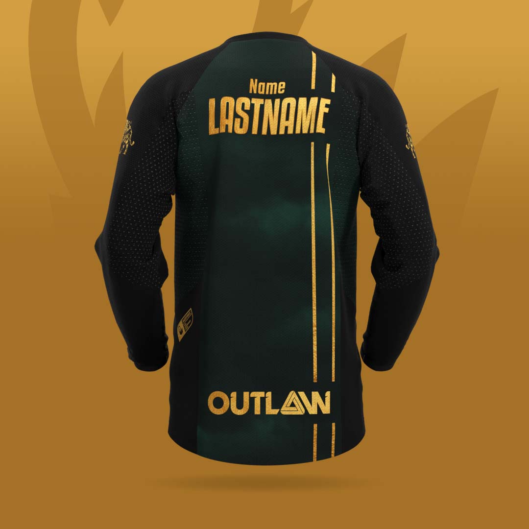 Outlaw MTB 2024 dark green jersey with gold details, team and sponsor logos, and personalized rider name on the back.