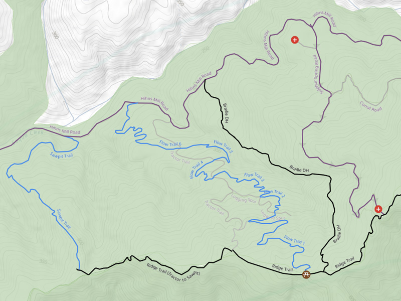 A map of the Soquel Demonstration Forest MTB trails, highlighting routes, elevation changes, and key trail features through the forested terrain.