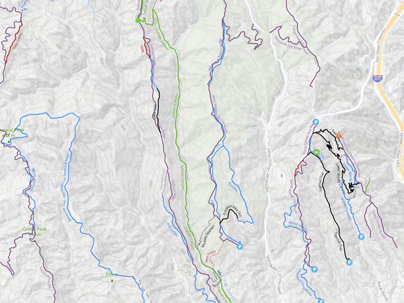 A map of the Westridge Singletrack Loop MTB trails in Santa Monica, showing the loop's routes, elevation changes, and key trail features.