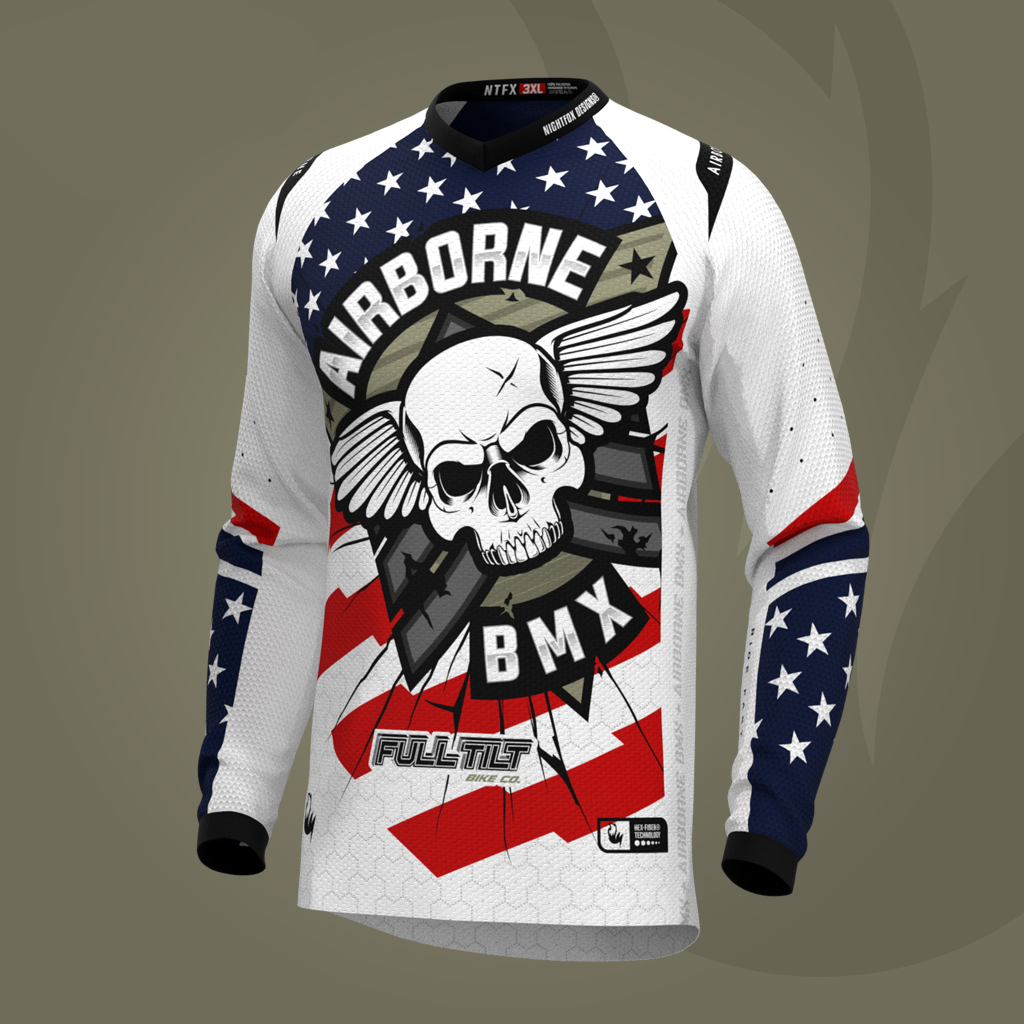 Airborne BMX 2024 jersey design, featuring a bold USA flag on the front and back, exclusively made for the Grands.