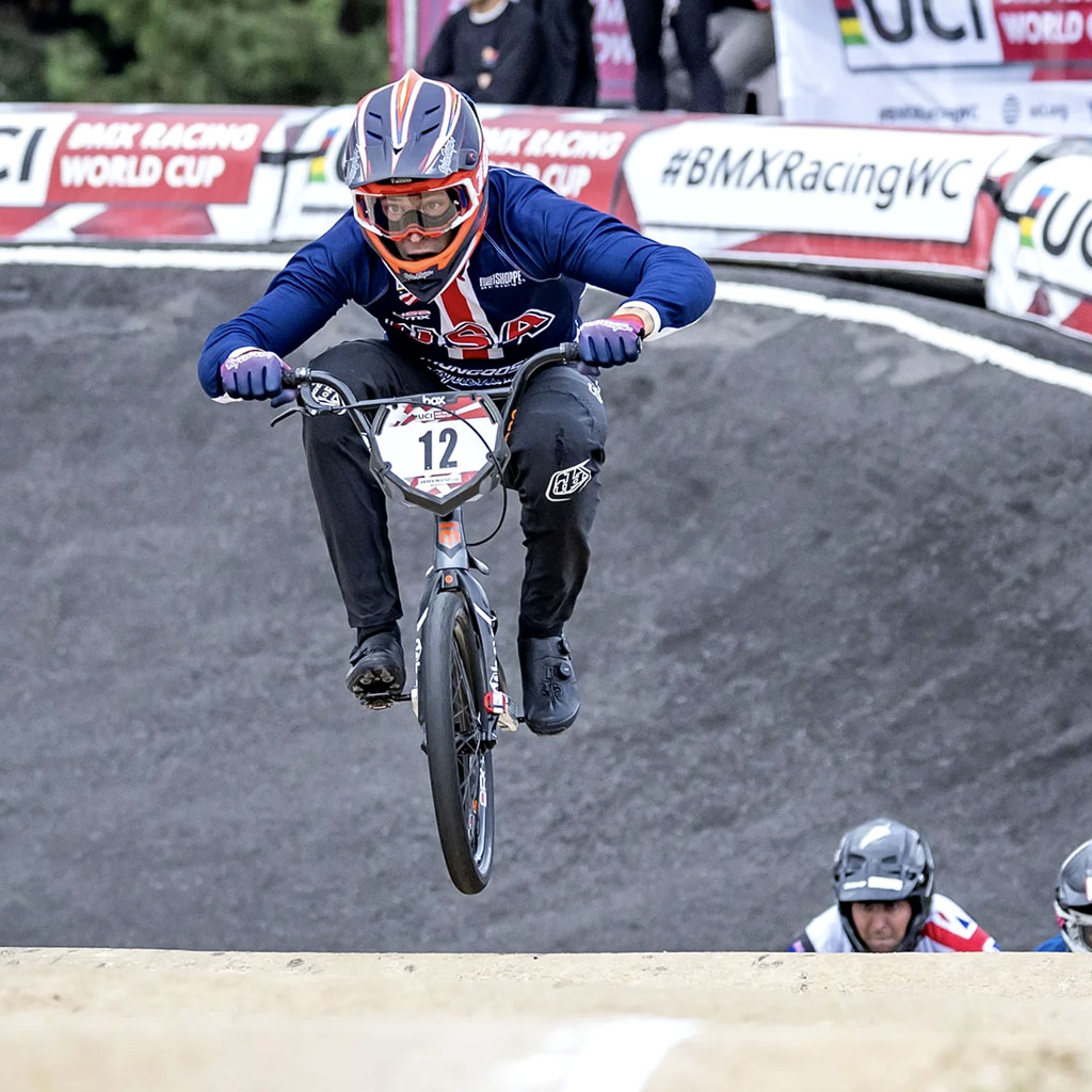 Cam Wood celebrates victory at the UCI BMX Racing World Cup in Bogota, riding for Mongoose.