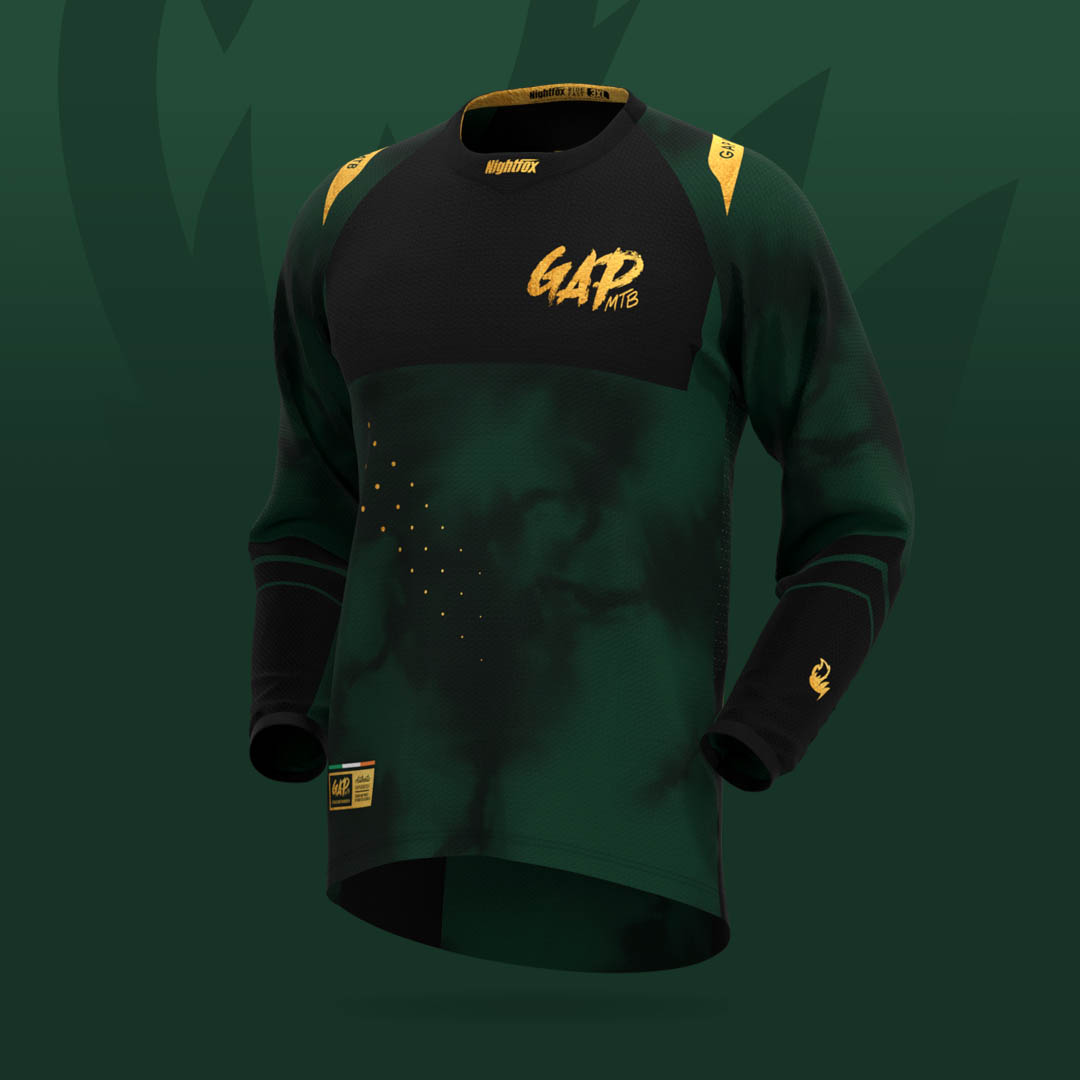 3D mockup of GAP MTB’s new custom jersey, designed by Nightfox Creative Studios, featuring dark green with black and gold accents, to be worn by over 200 riders in Dublin’s trail park.