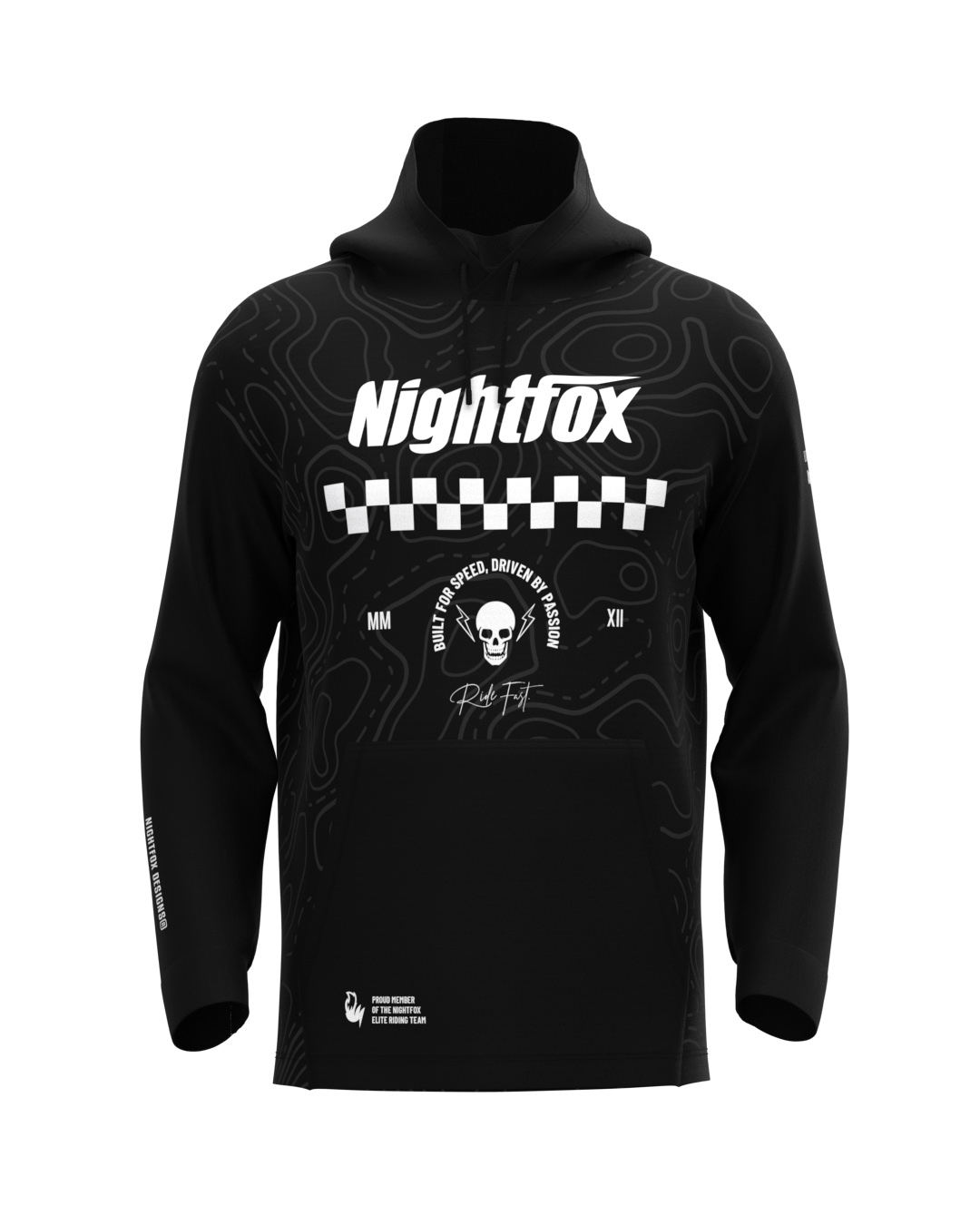 Nightfox Elite Tech Hoodie in black and white, exclusively gifted to Kit Managers who successfully coordinate custom racewear orders for their teams.