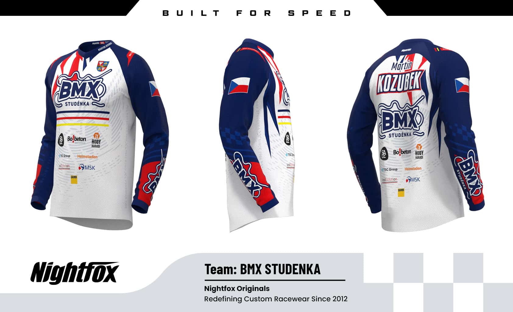 BMX Studénka custom jersey—white base with blue, red, and yellow accents, sponsor logos on front and back, personalized names on the back, and country flags on the sleeves.