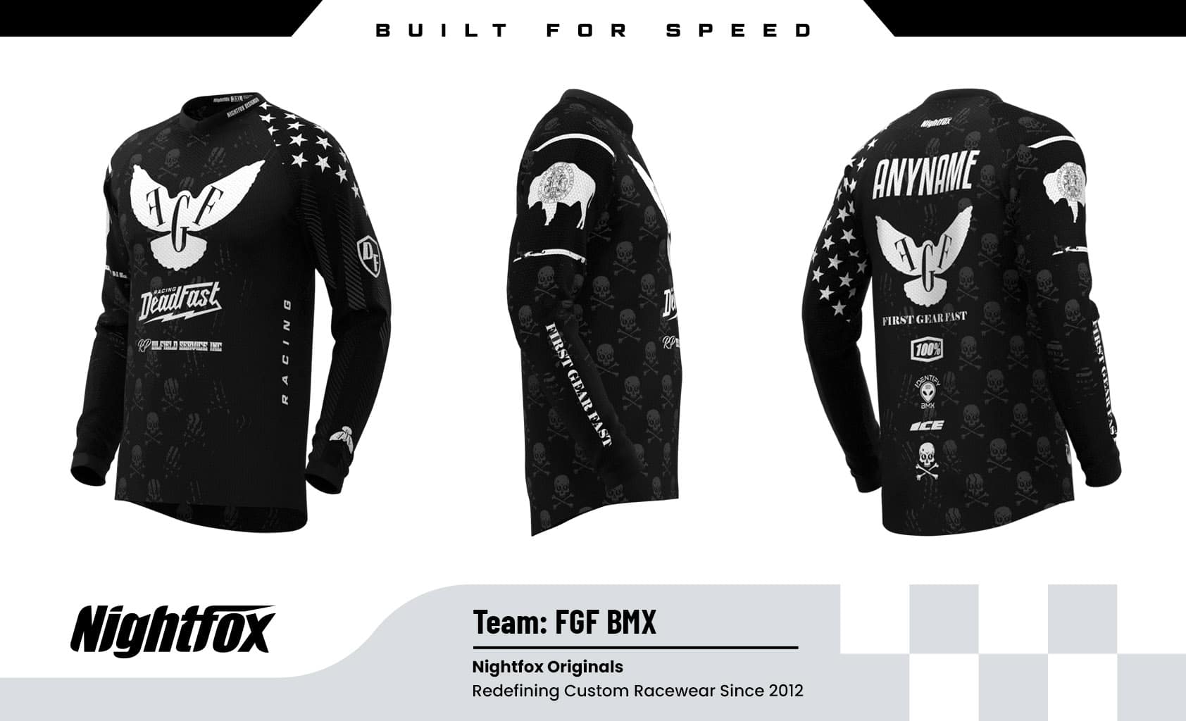 FGF BMX custom-designed long sleeve jersey—black with white accents, sponsor logos on front and back, personalized names on the back, and stars on the left shoulder inspired by the U.S. flag.