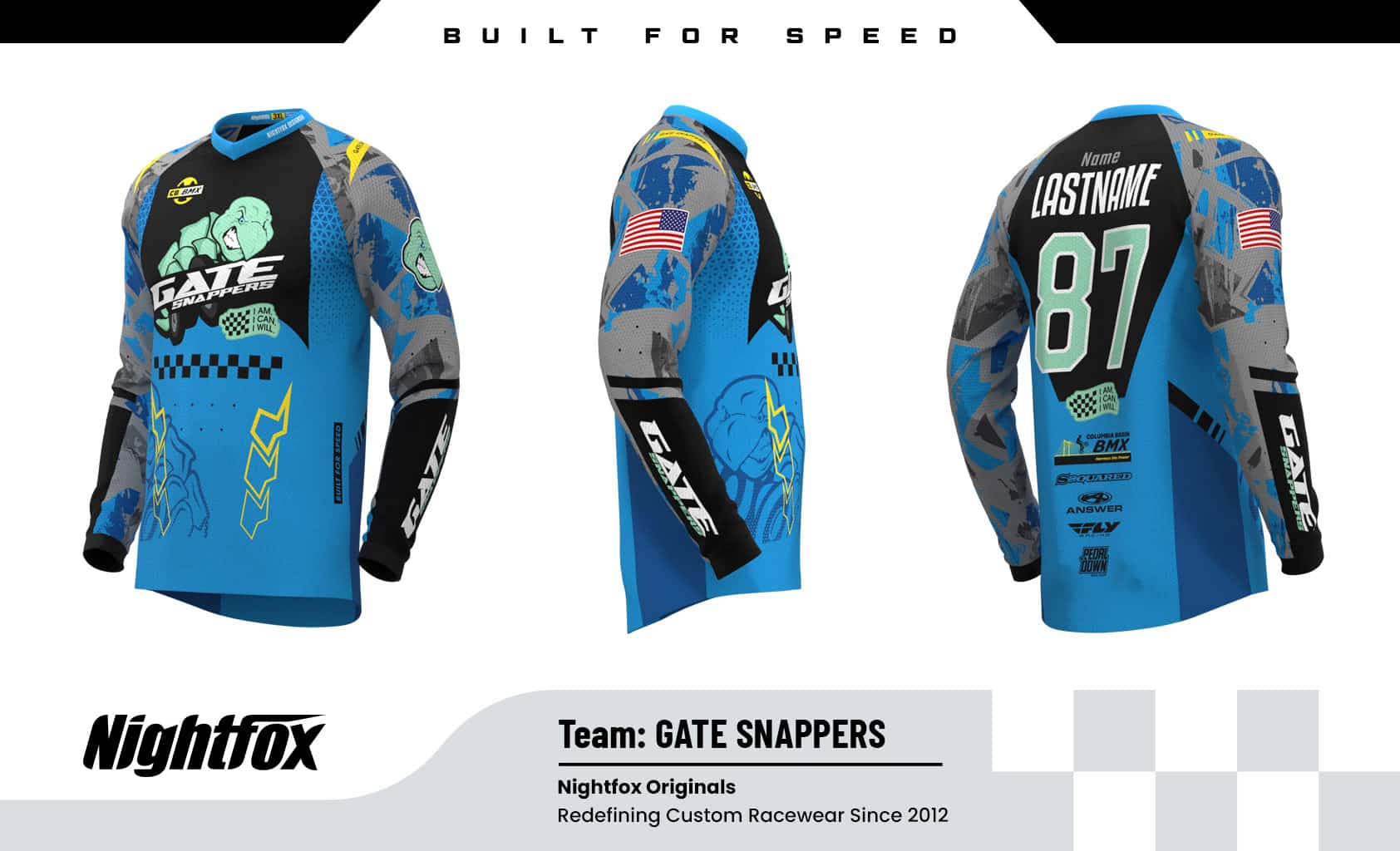 Custom Gate Snappers BMX jersey—light blue with white, black, gray, and yellow accents, sponsor logos on the back, individual names, U.S. flags on sleeves, and the team slogan "I am, I can, I will."