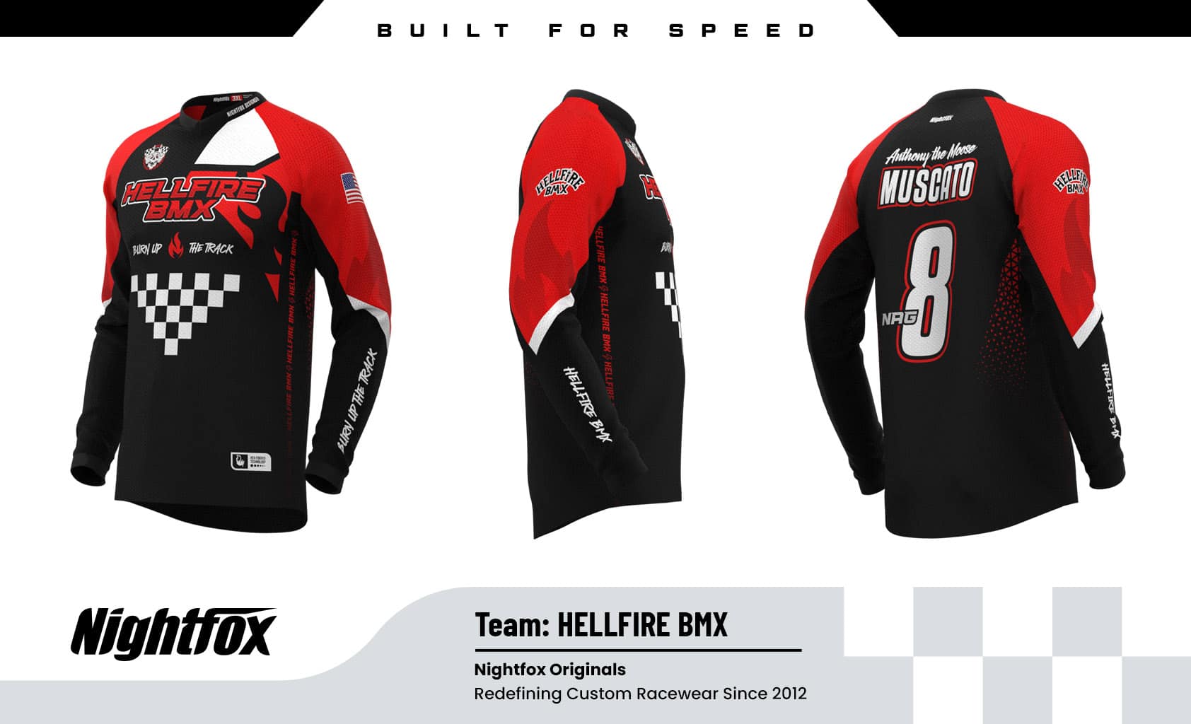 Hellfire BMX custom jersey—black with red and white accents, individual names and numbers on the back, U.S. flags on the sleeves, and the team name on the forearms.