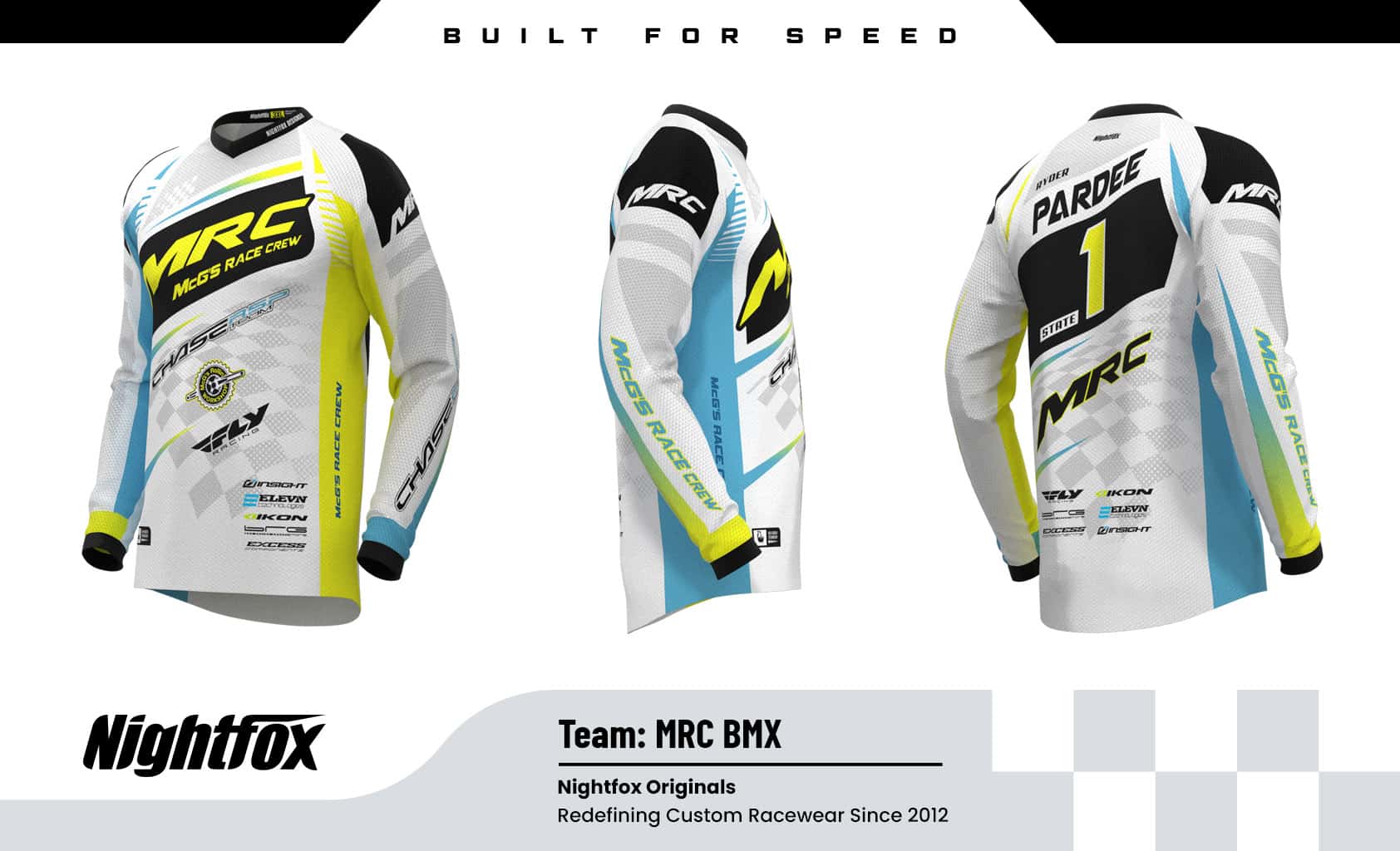 Team MRC BMX custom-designed youth jersey—white, light blue, and yellow, sponsor logos on front and back, free personalized names and numbers, long-sleeve, slim fit, and sublimation printing for vibrant, no-fade colors.