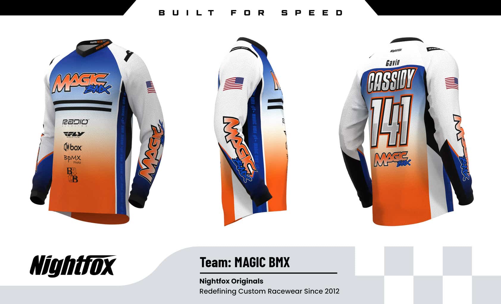 Magic BMX custom-designed jersey—white, blue, and orange with sponsor logos on the front, U.S. flags on sleeves, team name on forearms, and free personalized names and numbers on the back.