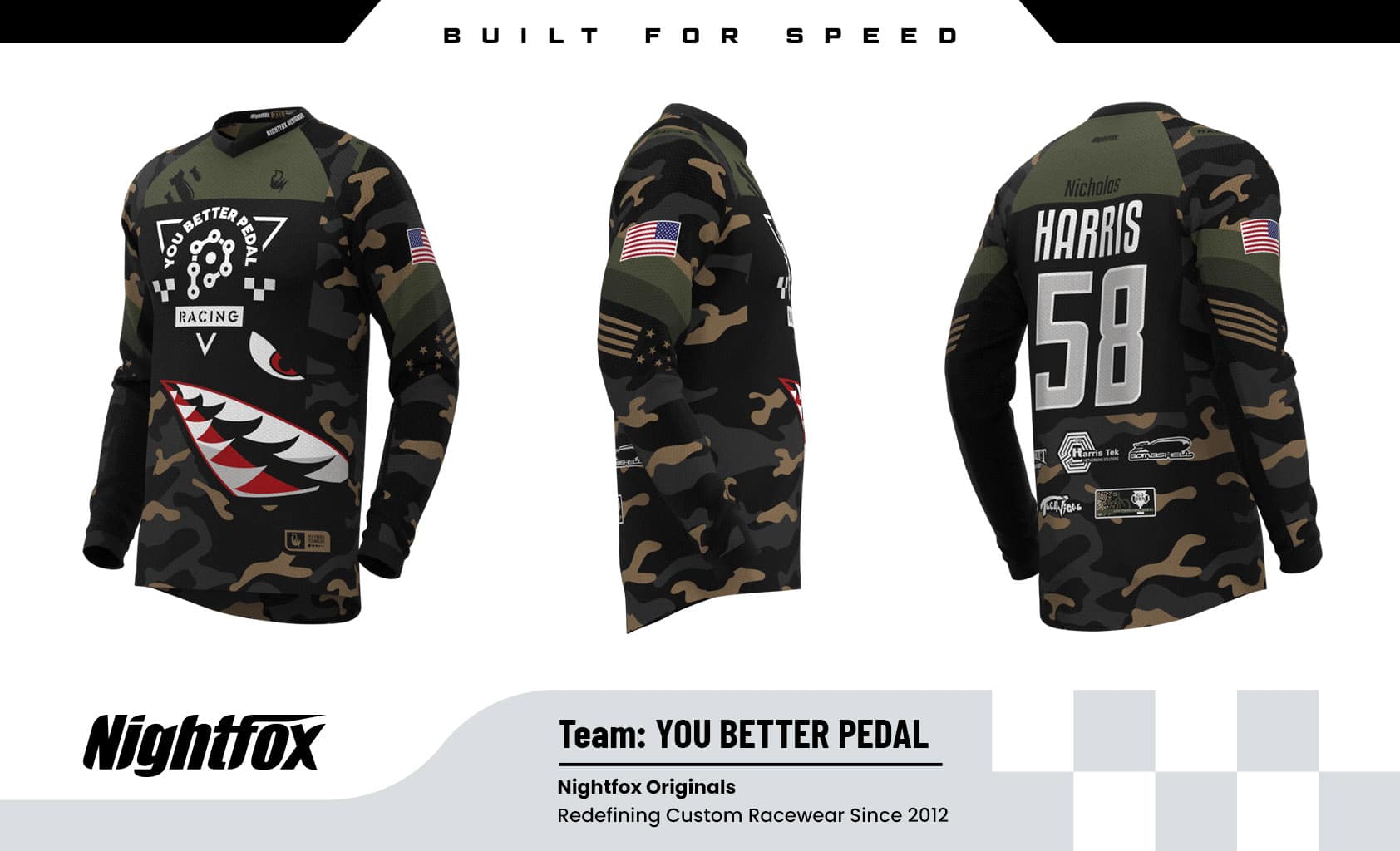 You Better Pedal BMX custom jersey—black, brown, and green camo with sponsor logos on the back, U.S. flags on sleeves, free personalized names and numbers, long sleeve, slim fit, and sublimation printing for no-fade durability.