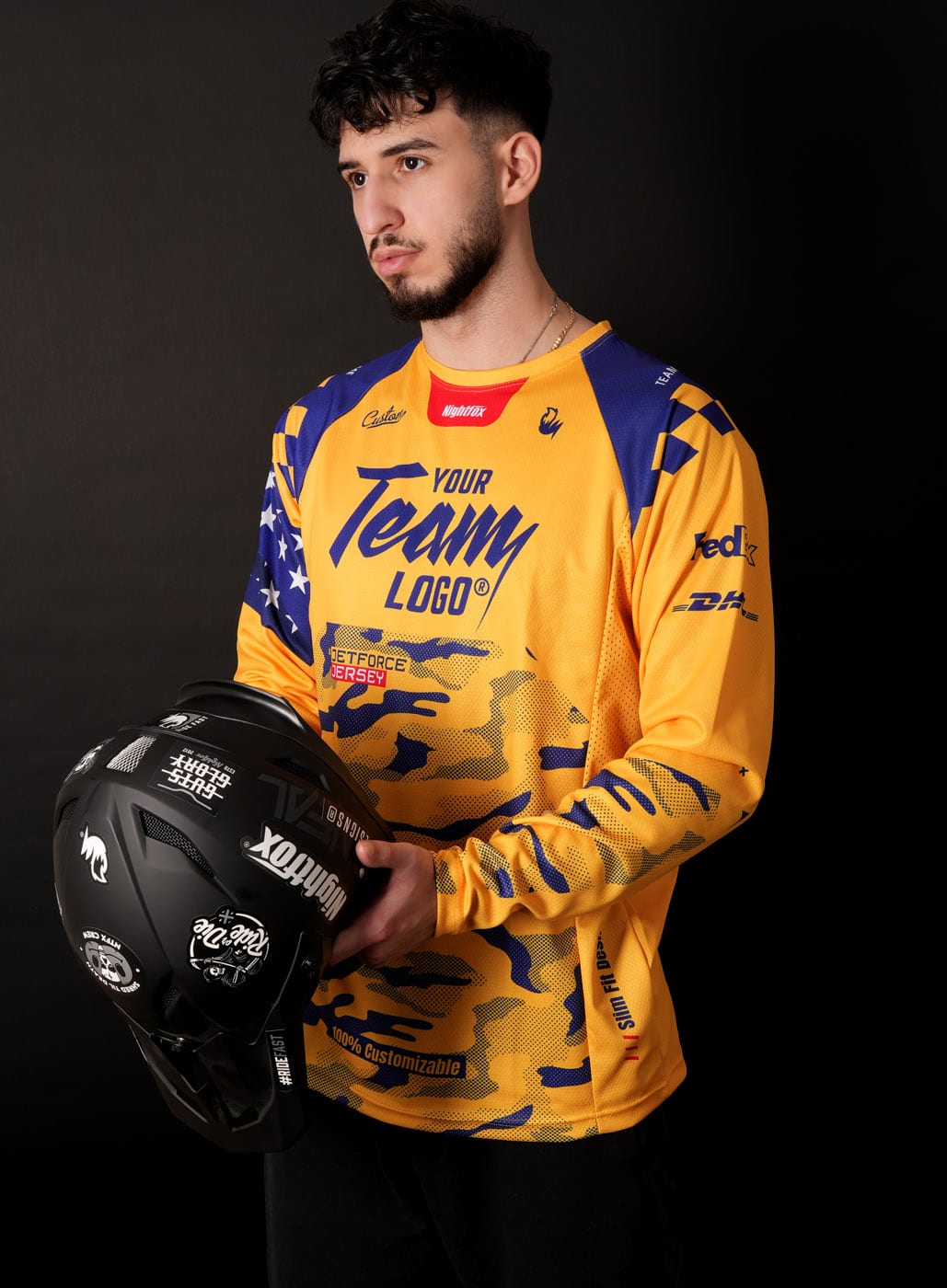 Custom BMX Jerseys for Clubs and Teams with Sponsor Logos Custom BMX jerseys designed for racing clubs and teams with full sponsor logo placement.