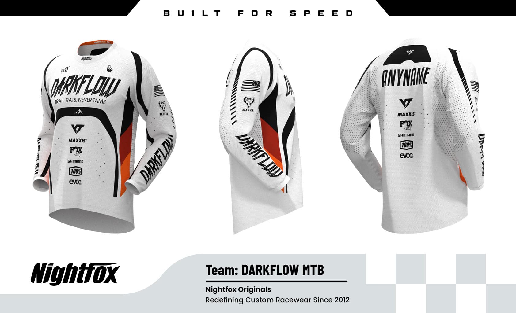 Darkflow Crew custom MTB jersey in white with black logos and orange accents, featuring the team name and sponsor logos on the front, plus free individual name customization on the back.
