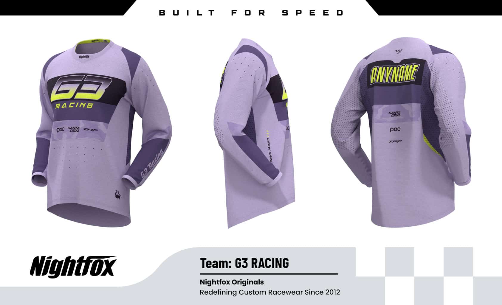 G3 Racing MTB jersey in lilac with dark purple and acid yellow accents, designed for top-tier performance with a race-fit cut and breathable mesh panels.
