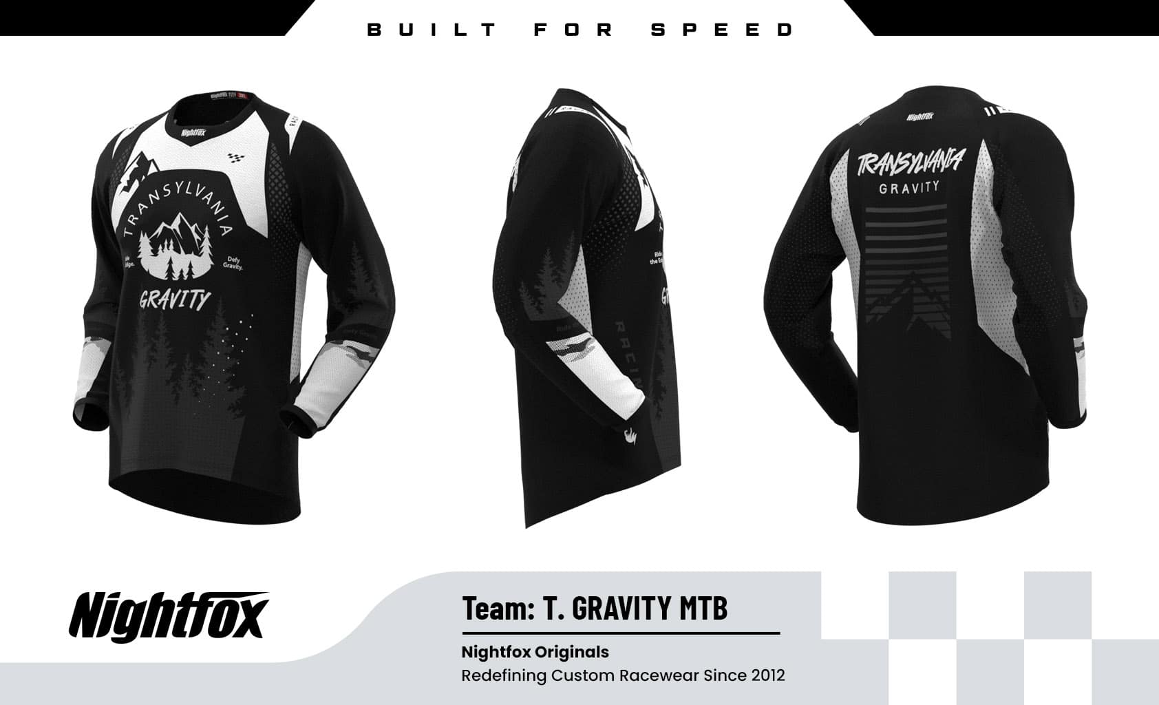 Transylvania Gravity MTB jersey—black, gray, and white accents with the team logo printed on the front and back, exclusively designed to stand out on trails.