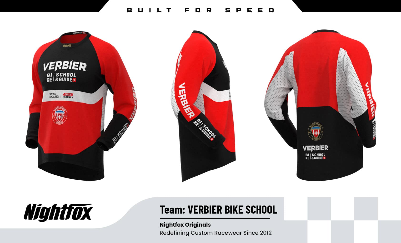 Verbier Bike School custom MTB jersey—black, red, white, and gold accents with the team logo printed on the front and back, exclusively designed to stand out on trails.