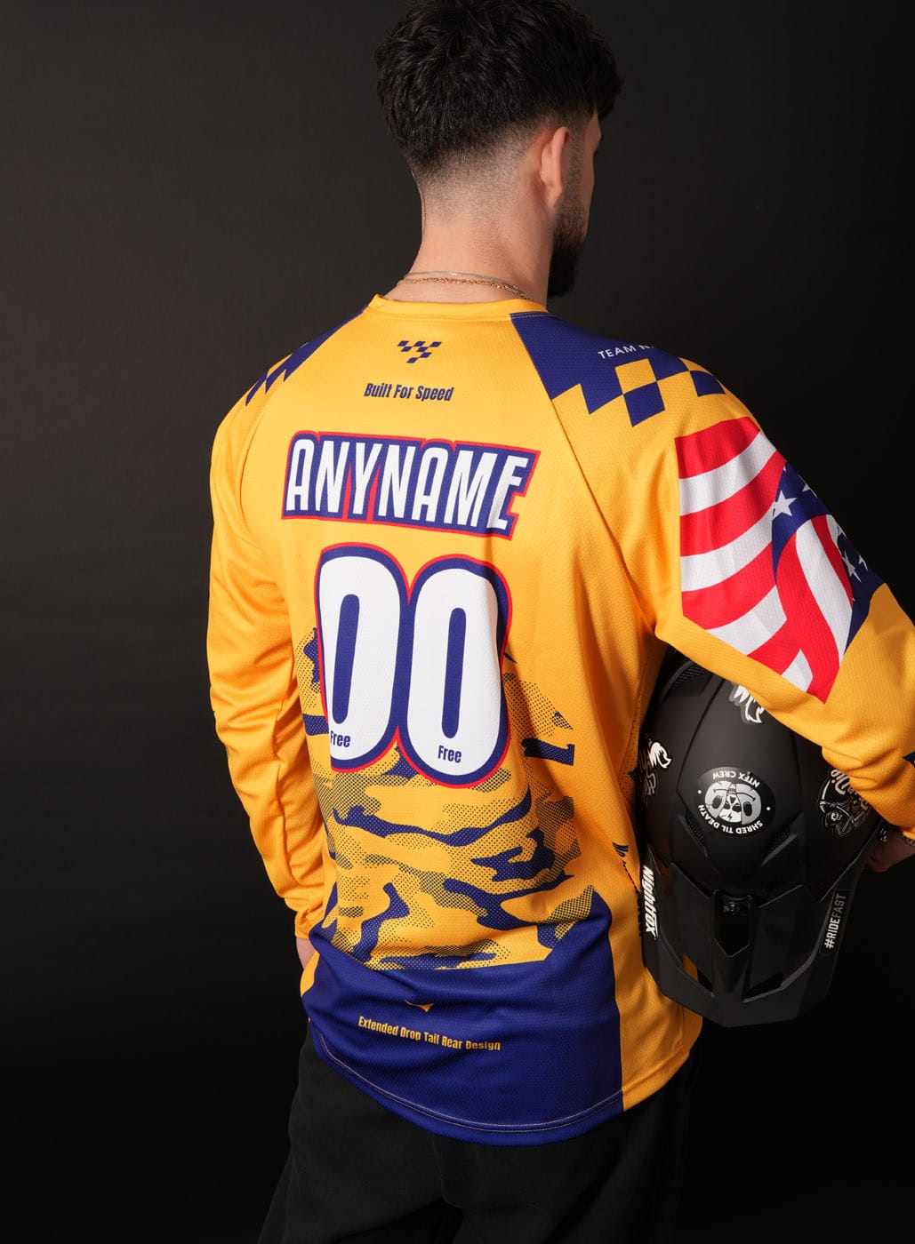 Personalized BMX Race Jerseys with Rider Names and Numbers Personalized BMX jersey with printed rider name, number, and club branding.