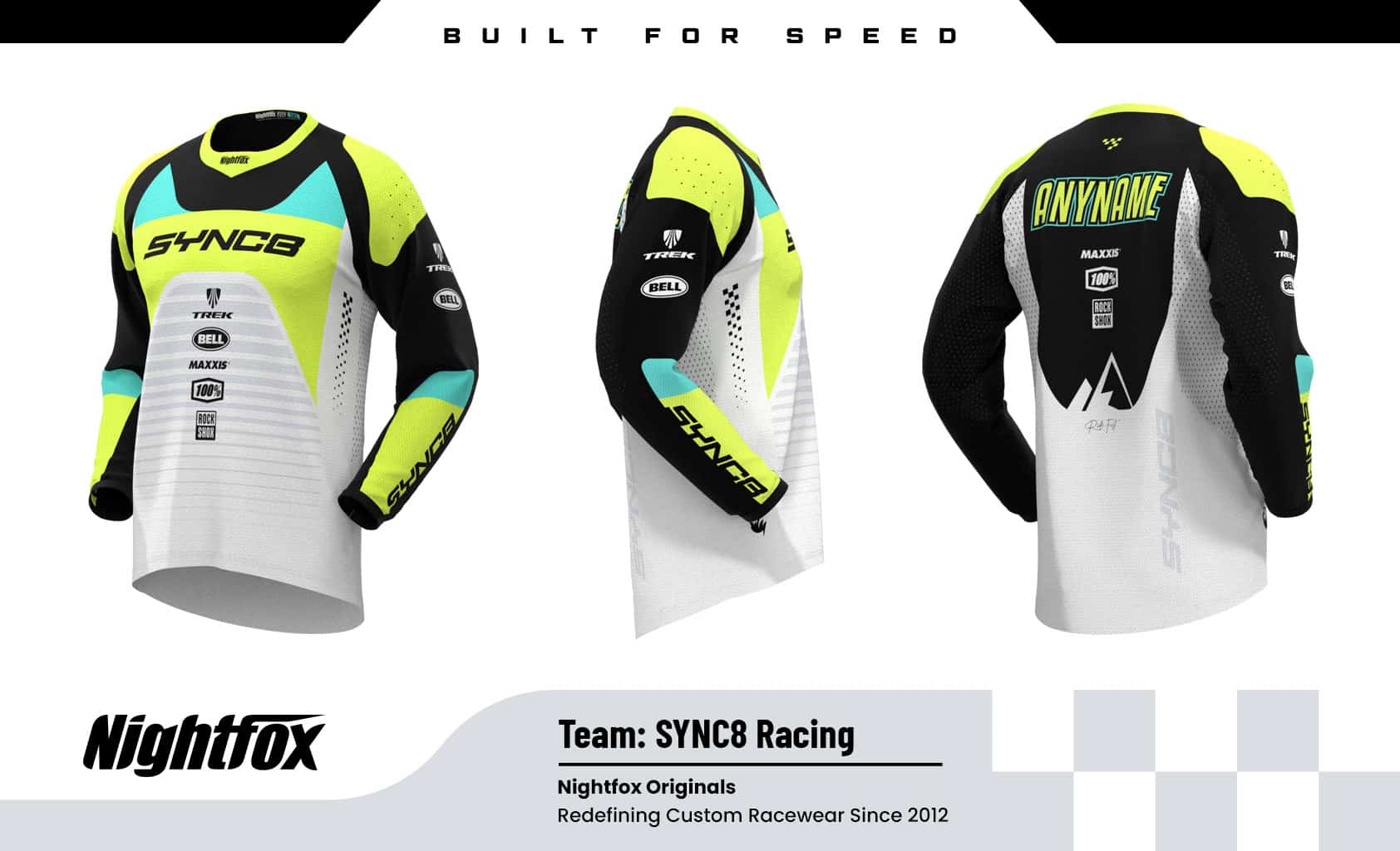Custom SYNC8 Racing downhill MTB jersey in white with bold black shapes and vivid yellow accents, featuring sponsor logos and rider name on the back.