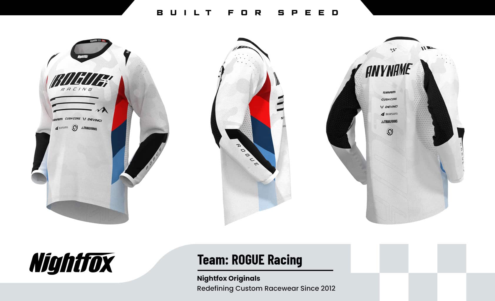 ROGUE Racing MTB jersey 2025 edition—custom long sleeve with sponsor logos, rider names, and bold team graphics for USA bike clubs