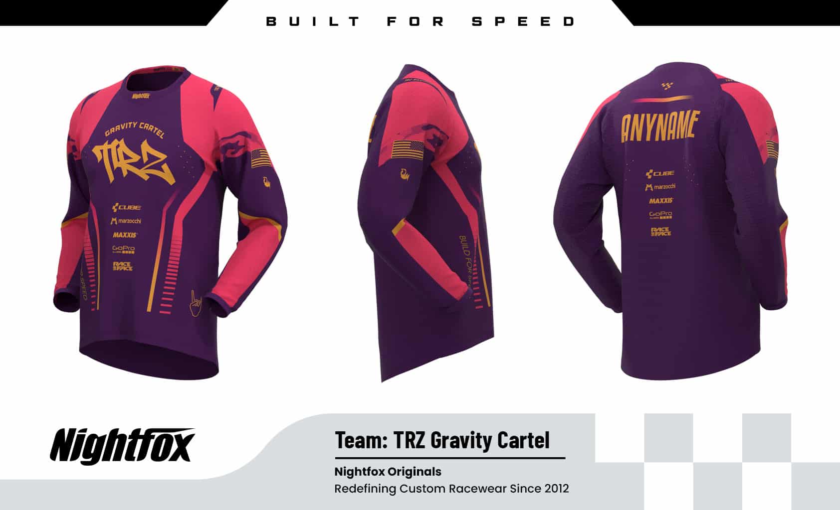 Custom long-sleeve MTB jersey design for TRZ Gravity Cartel from Moab, Utah, featuring personal rider names and sponsor logos, showcased on The Whole Enchilada trail.