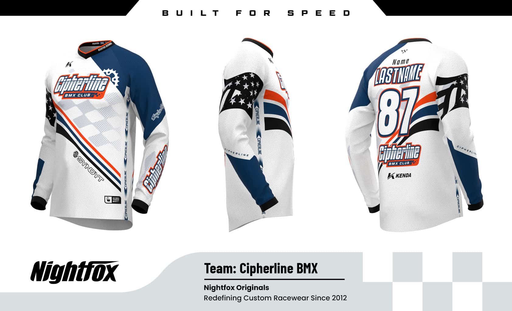 Affordable custom BMX jersey for Cipherline BMX Club in the USA with sublimated design, sponsor logos, and personalized rider names