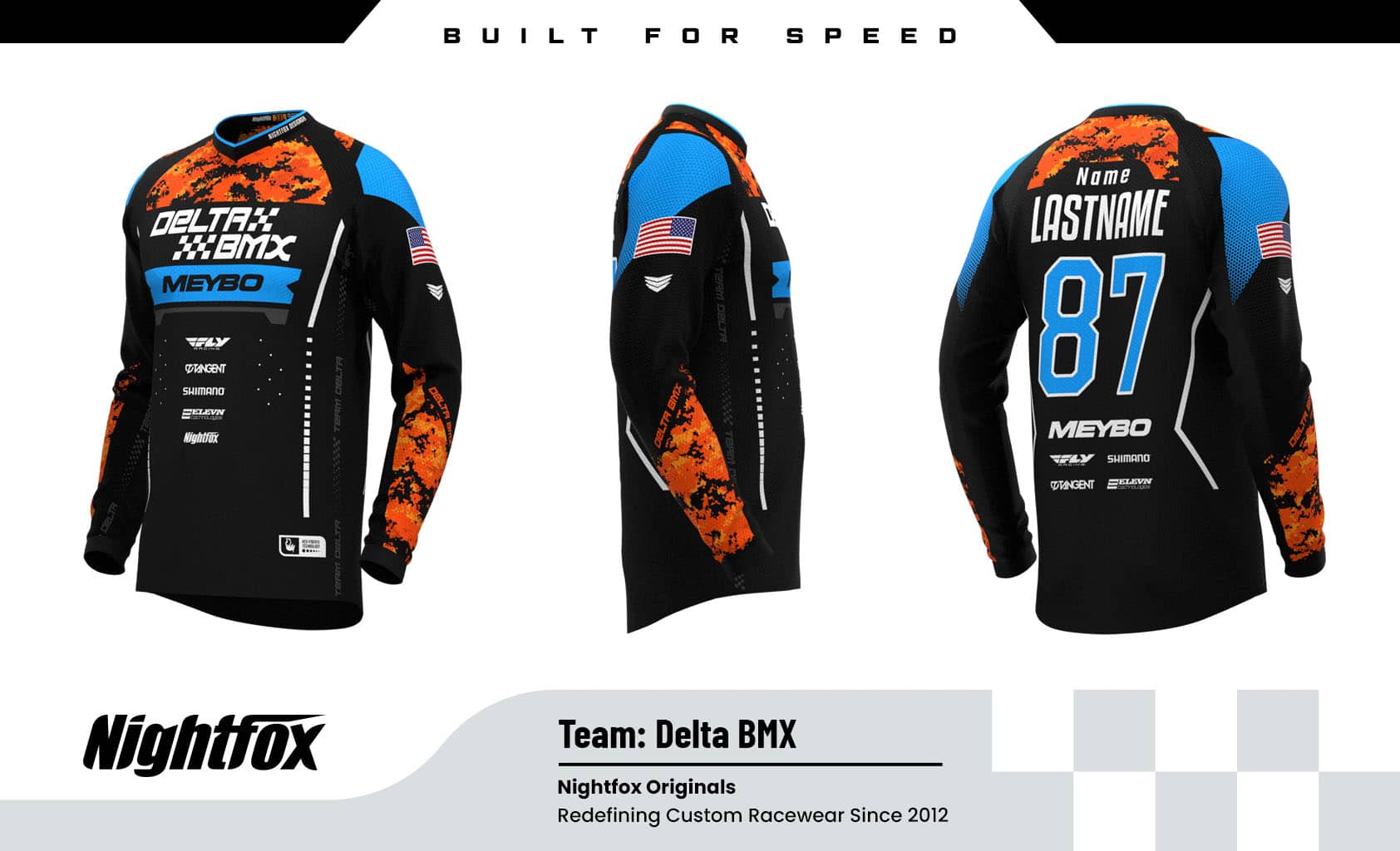 Custom BMX jersey design for DELTA BMX Club featuring sponsor logos, personalized names, and race-ready fit
