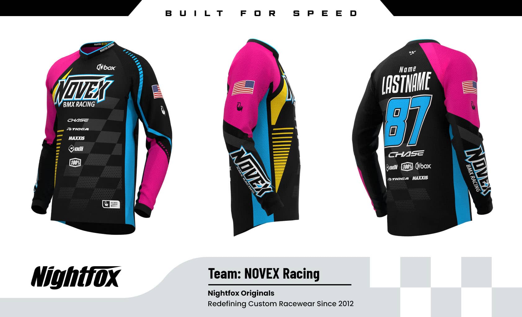 Custom sublimated BMX jersey for NOVEX BMX Racing with team sponsor logos and personalized rider names – premium racewear for BMX clubs in the USA