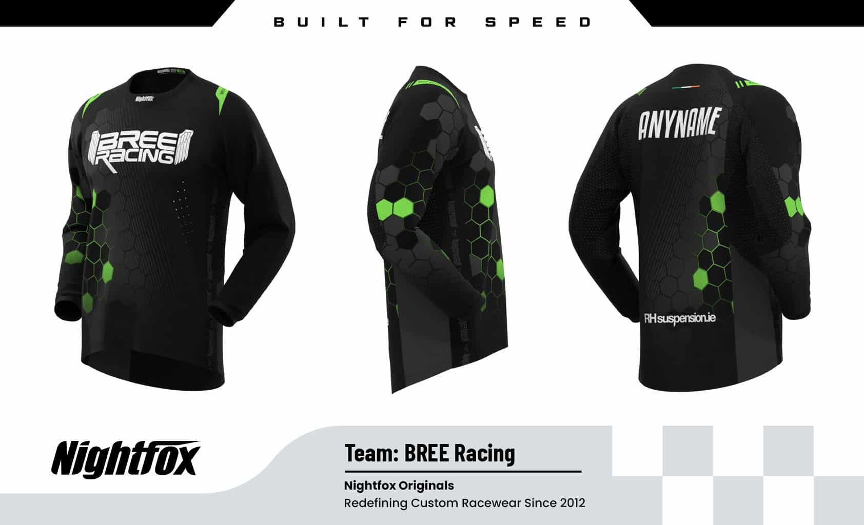 Team BREE Racing riders on an Irish forest trail wearing black custom Nightfox MTB jerseys with green accents and a small Irish flag on the back neck.