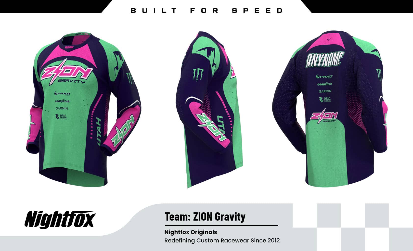 Long-sleeve custom Zion Gravity MTB jersey from Utah shown front-facing on a mannequin; bold red, black and turquoise colorway with “Zion Gravity” chest logo, sponsor logos across the chest, personalized name and number on the back, breathable performance fabric, sublimation print, youth and adult sizes available.