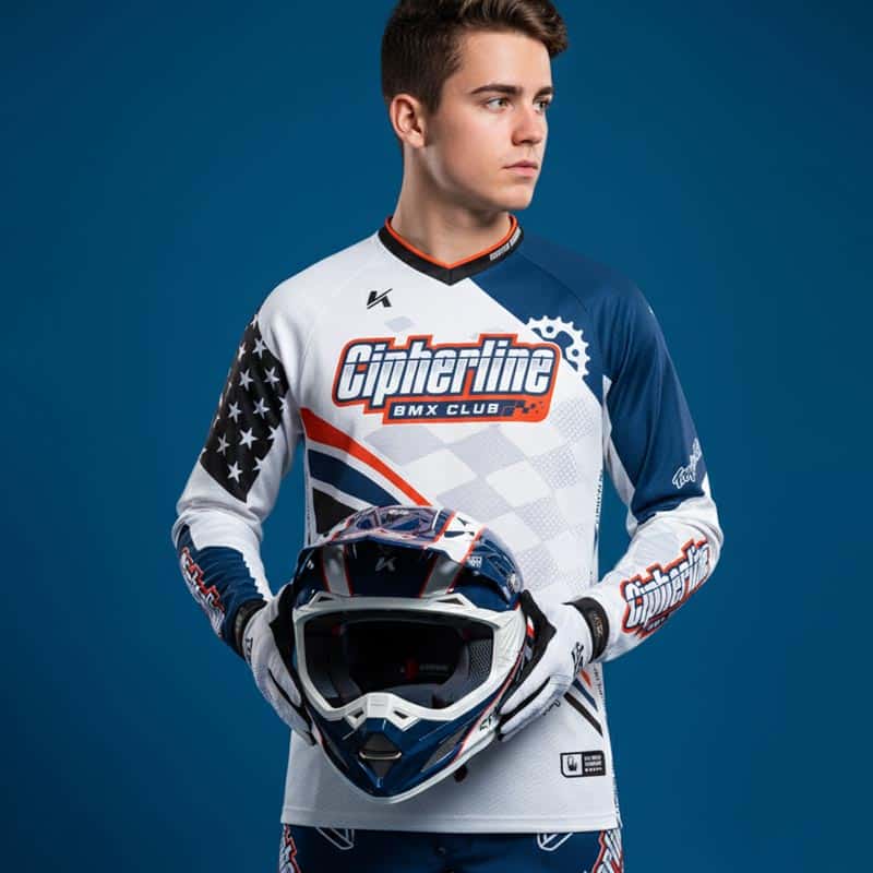 Custom BMX Jersey – Cipherline Bike Club Shirts Studio image of a custom long‑sleeve slim‑fit BMX jersey designed for Cipherline BMX club, featuring large front team logo, sublimation print, and sponsor logos, made to order with no minimum order requirement.