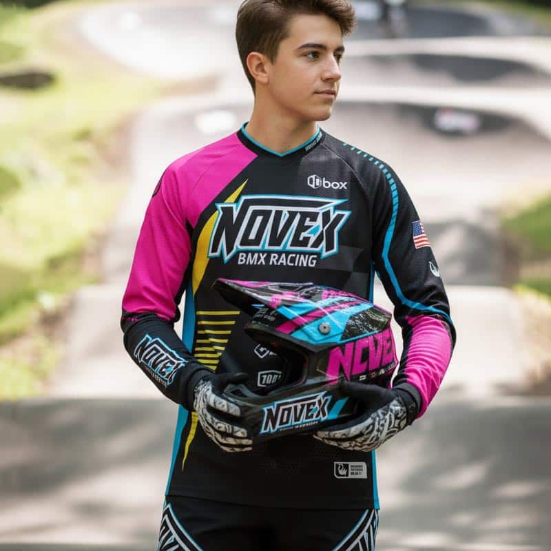 Custom BMX Jersey – NOVEX Bike Club Shirts Outdoor photo of a custom long‑sleeve slim‑fit BMX jersey designed for a New York BMX club, featuring sublimation print, lightweight fabric, large team logo, sponsor logos, and free personalized rider names and numbers, made to order with no minimum order requirement.
