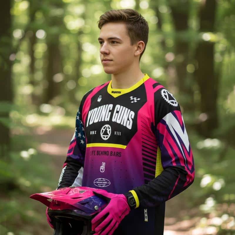 Custom Downhill Jersey – Young Guns Bike Team Outdoor photo of a custom long‑sleeve slim‑fit downhill MTB jersey designed for a Texas MTB club, featuring sublimation print, lightweight fabric, large team logo, sponsor logos, and free personalized rider names and numbers, made to order with no minimum order requirement.