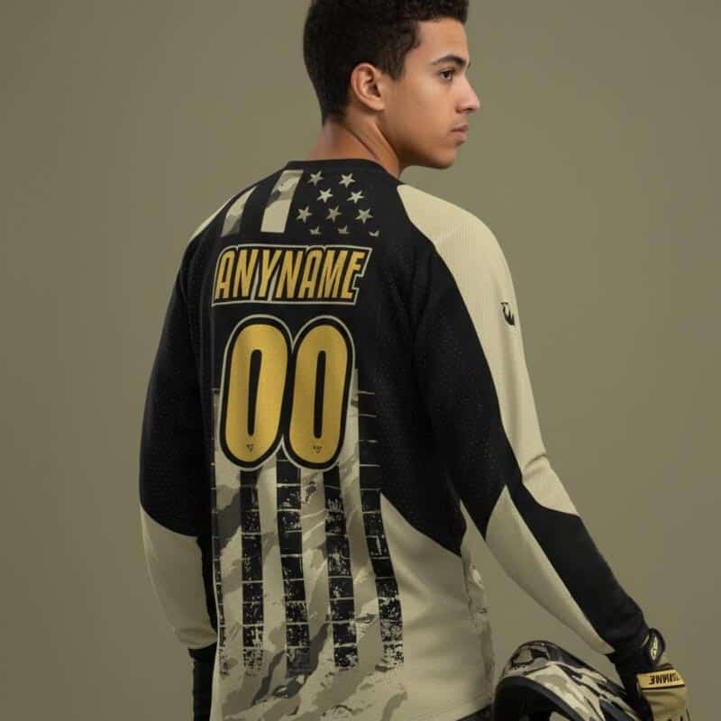 Custom MTB Enduro Jersey – Team ARC Racing Back view of a custom long‑sleeve slim‑fit enduro MTB jersey designed for ARC MTB club, featuring sublimation print, large team logo, sponsor logos, and personalized rider name and number, made to order with no minimum order requirement.