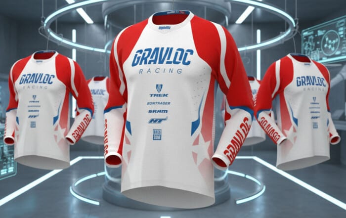 Concept image of multiple custom MTB and BMX jerseys displayed in a futuristic laboratory setting, combining all reference designs with exact logos, sponsor marks, and details intact. Jerseys are highlighted with advanced studio‑style lighting to emphasize sublimation textures, slim‑fit long‑sleeve cuts, and personalized elements.