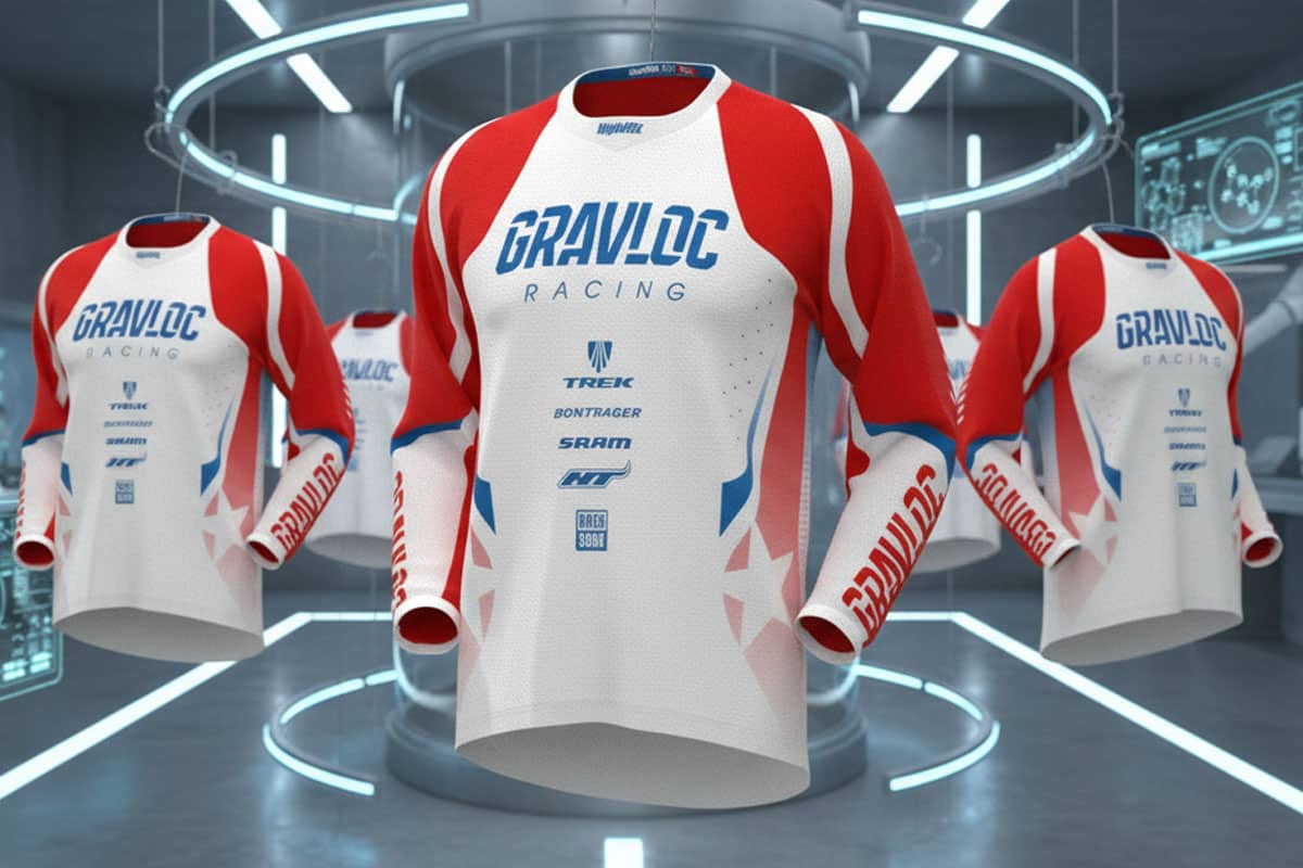 Concept image of multiple custom MTB and BMX jerseys displayed in a futuristic laboratory setting, combining all reference designs with exact logos, sponsor marks, and details intact. Jerseys are highlighted with advanced studio‑style lighting to emphasize sublimation textures, slim‑fit long‑sleeve cuts, and personalized elements.