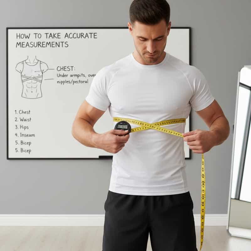 How to Take Accurate Measurements – Personalized BMX Jersey Step‑by‑step guide showing how to take accurate body measurements for a personalized BMX jersey, including chest, waist, sleeve, and torso length with a measuring tape.