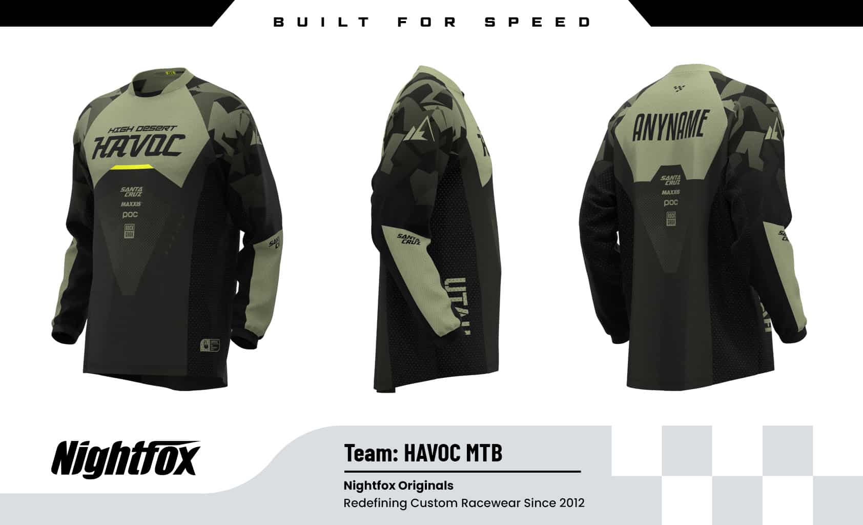 High Desert Havoc custom enduro MTB jersey design from Utah, USA — sublimated black and red kit with sponsor logos (Maxxis, Santa Cruz, POC, RockShox), big team logo on front, rider name personalized on back, no minimum order, fast delivery.