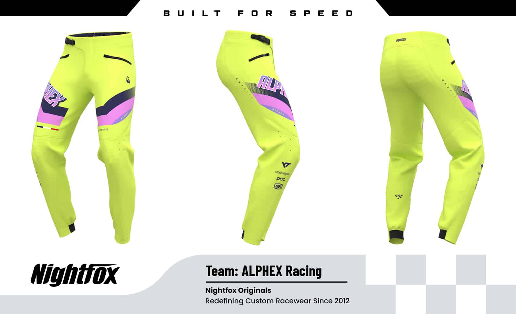 ALPHEX Racing custom MTB downhill pants, personalized with team logos, sponsor graphics, and colors for bike clubs.