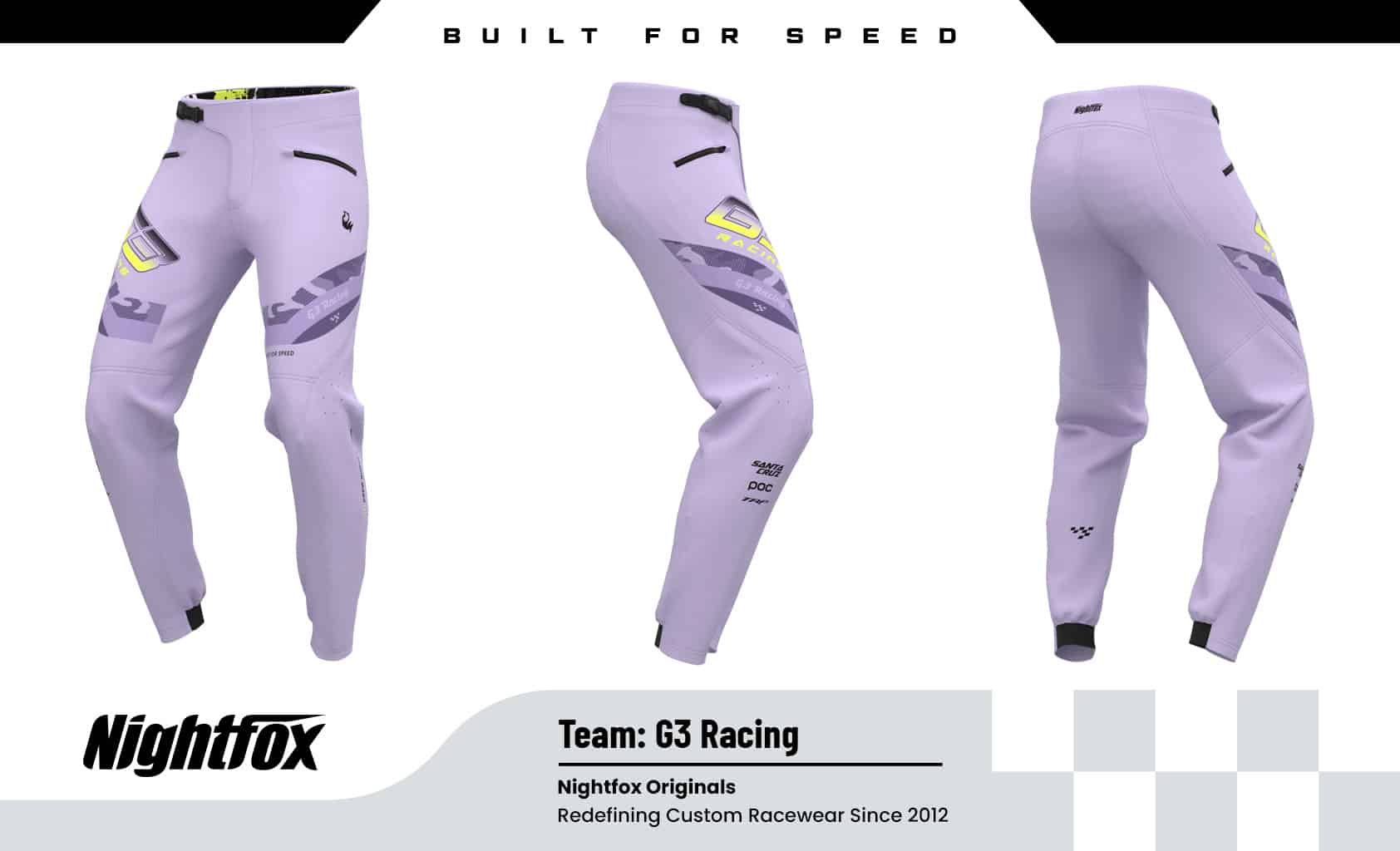 Custom MTB downhill pants for G3 Racing Team, personalized with logos, sponsor graphics, and team colors.
