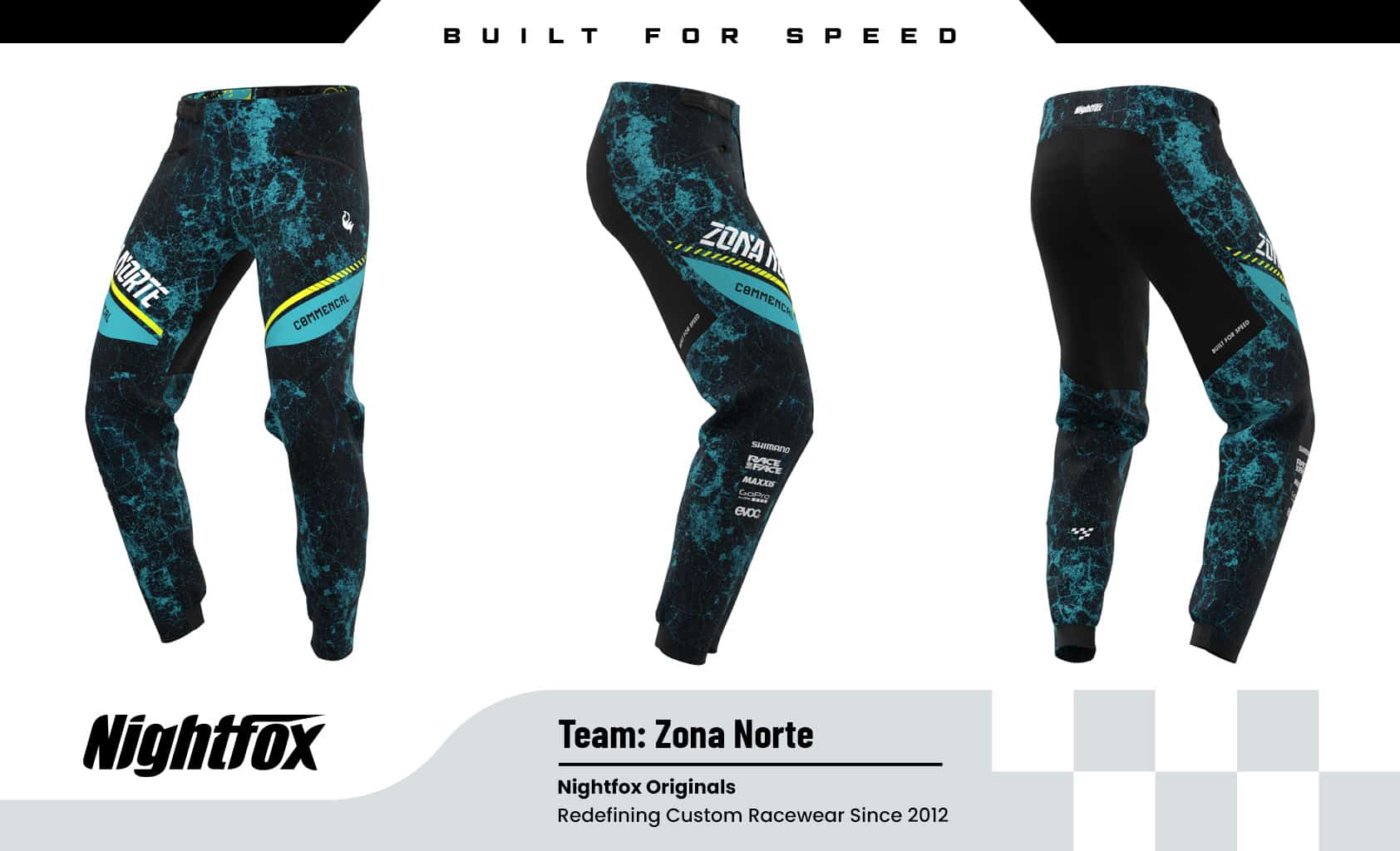 Zona Norte Spain custom MTB downhill pants, personalized with team logos, sponsor graphics, and colors to match jerseys.
