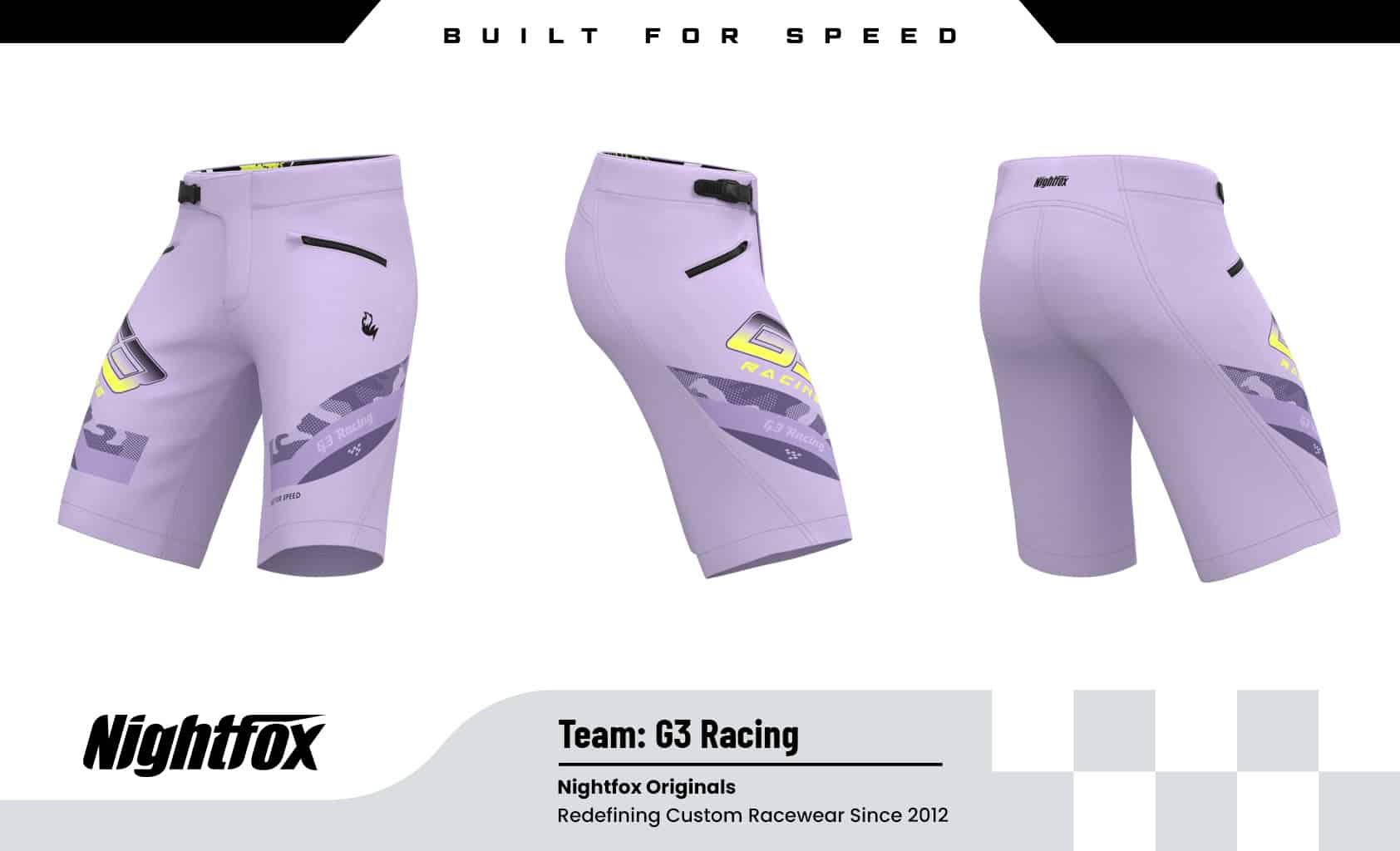 Maßgeschneiderte MTB DH Shorts für das G3 Racing Team, sublimierte Grafiken, Sponsorenlogos und personalisierte Radclubbekleidung.