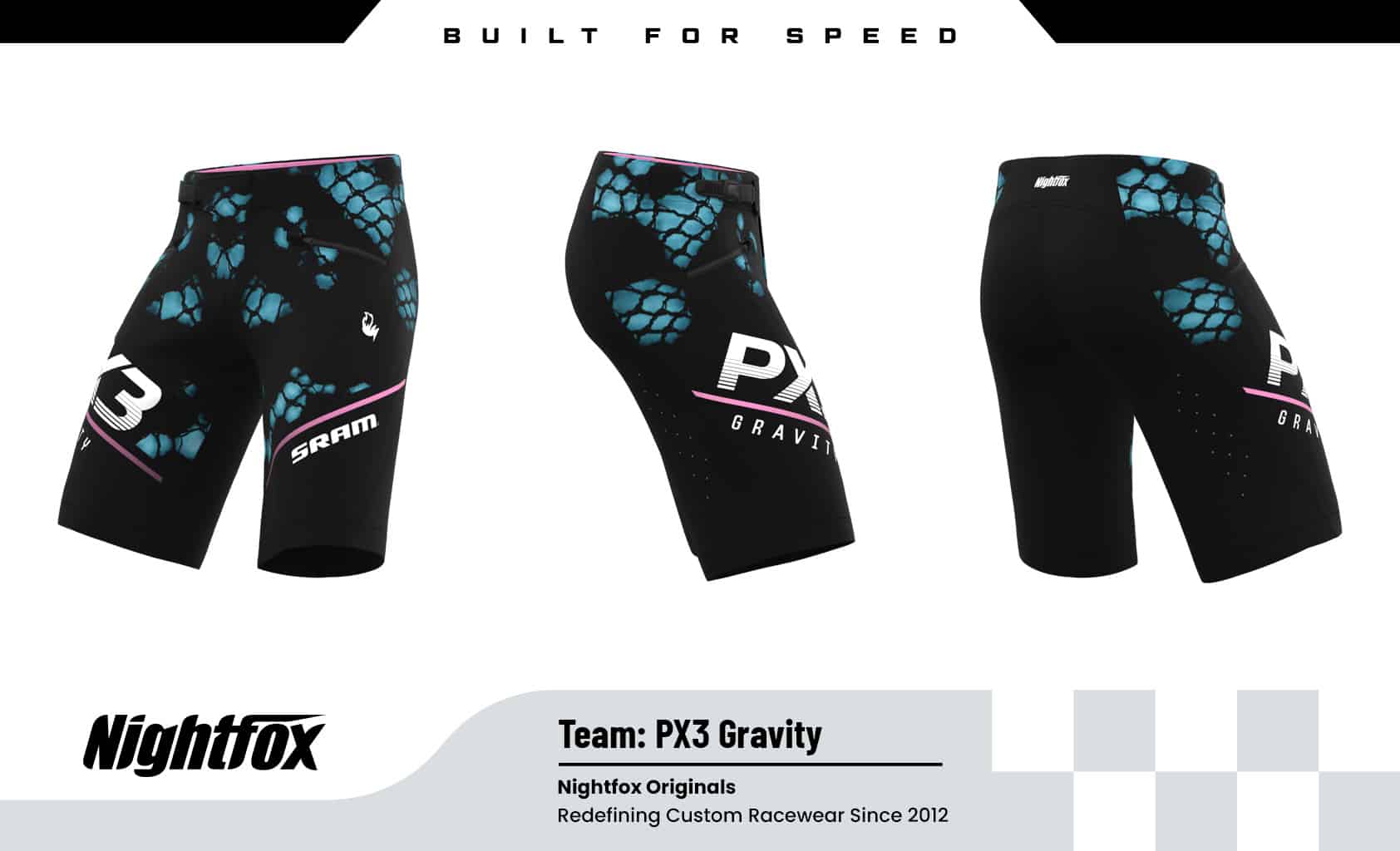 PX3 Gravity MTB-Downhill-Shorts, personalisierte Sublimationsgrafiken, Sponsorenlogos und professionelles Bike-Club-Design.